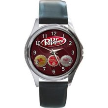 NEW* HOT 3 BOTTLE CAPS DR PEPPER Round Metal Watch - Stainless Steel - Silver - 3