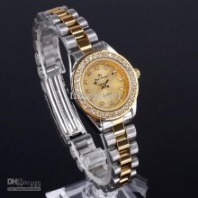 New Small Case Lady Crystal Embed Quartz 2-tone Stainless Steel Wris