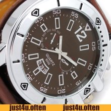 Nice Brown Dial Leather Band Big Style Boys Mens Wrist Watch Fashion Quartz