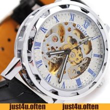 Nice Hollow Frame Mens Automatic Watches Elegant Style Golden Movt Leather