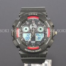 Ohsen Red Timezone 4 Alarm Stop Mens Sprots Digital Quartz Wrist Watch S80