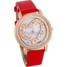 Ouboli 7039 Round Crystal Peach-heart Hollow Dial PU Leather Band Women's Analogue Wrist Watch (Red)
