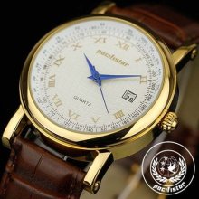 Pacifistor Mens Analog Date Display Brown Leather Roman Quartz Wrist Watch