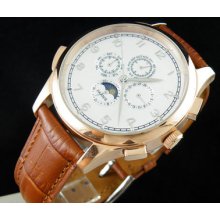 Parnis Gold Filled Case White Dial Auto Mechanical Multi-funtion Mens Watch 250b