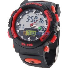 PASNEW 048C Plastic Electronic Quartz Movements LED Sports Analog Watch with Date Light (Red)