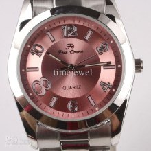 Pink Dial Big Numbers Silver-tone Stainless Steel Band Men Watches S
