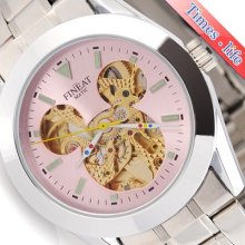 Pink Love Dial Women Lady Automatic Steel Watch Mouse Golden Skeleton Gift