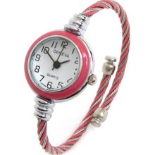 Pink Silver 2t Metal Cable Band Geneva Ladies Petite Bangle Cuff Watch