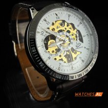 Pop White Dial Skeleton Automatic Mechanical Sport Mens Leather Band Wrist Watch