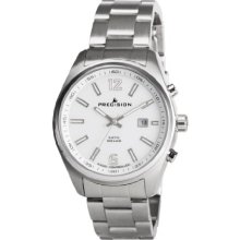 Precision Men's Quartz Watch With White Dial Analogue Display And Silver Stainless Steel Bracelet Prew1105