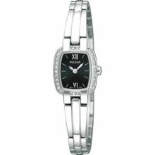 Pulsar Ladies Bangle Watch W/ Swarovski Crystals & Black Dial