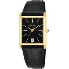 Pulsar Men's PXDA80 Gold-Tone Stainless Steel Black Leather Strap Watch