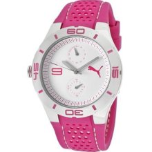 Puma Womens Motor Pit Babe White Dial Stainless Steel Case Pink Rubber Watch