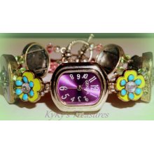 Purple Pearlized Geneva Watch w/Purple, Green & Pink Enameled Beads with Crystals