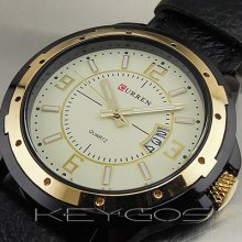 Quartz Hour Dial Day Date Golden Clock Sport Men Leather Steel Wrist Watch Wv232