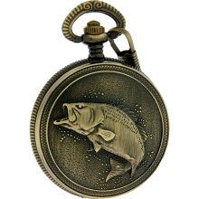 Quartz Pocket Watch Mens Bass Fish Antiqued Brass Finish CEDU6947:003