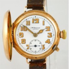 Rare J W Benson 9ct Gold Half Hunter 1920 Mens Wrist Watch Original Box & Papers