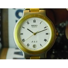 Rare Seiko Ags White Cryogenic Porcelain Dial 2 Tone 7m22 Kinetic Mens Watch