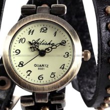 Retro Black Bronze Leather Wrap Strap Lady Girl Bracelet Quartz Wrist Watch Cnp