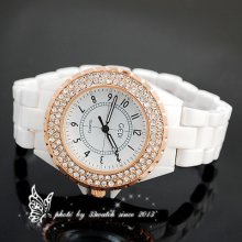 Rhinestones Dial Women's Fashion Ceramic Strap Quartz Designed Watch R