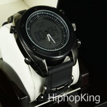 Rick Ross Style Analog Digital Hip Hop Iced Out Round All Black Light Watch