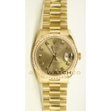 Rolex 31mm Midsize 18K Yellow Gold President Model 68278 Champagne Diamond Dial & Diamond Bezel