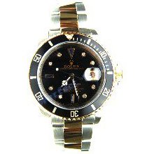 Rolex Men's Submariner Like New Steel and Gold With Custom Black Diamond Sapphire Serti Dial 90's