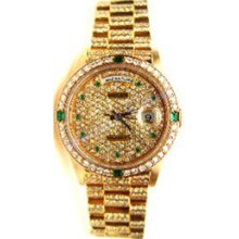 Rolex Single Quick President W/ Diamond Band, Diamond Emerald Bezel w Diamond Emerald Dial 80's