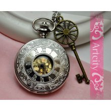 Rome Number Golden Dial Pocket watch necklace(Big Size), with brass key,