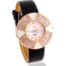 Round Dial Analog Watch with PU Strap & Crystal Decoration (Black)