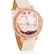 Round Dial Analog Watch with PU Strap & Crystal Decoration (White)