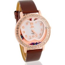 Round Dial Analog Watch with PU Strap & Crystal Decoration (Brown)