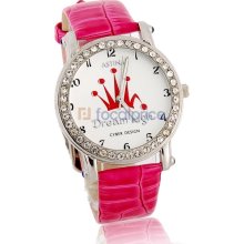 Round Dial PU Leather Band Watch with Crystal Decoration (Red)
