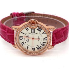 Round Dial Roman Numerals Crystal Leather Band Quartz Wrist Watch Womens Girls