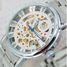 See Through Silver Skeleton Hollow Mens Wind Up Mechanical Wristwatch Luxury