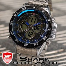 Shark Lcd Digital Chronograph Date Day Stainless Steel Men Sport Quartz Watch