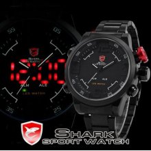Shark Led Digital Date Day Alarm Men Quartz Black Military Sport Wrist Watch
