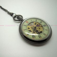 Shiny Black Vintage Roman Dial Skeleton Men Mechanical Pocket Watch Chain Mw95