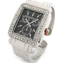 Silver Black 3d Geneva Designer Style Sq Crystal Bezel Women's Bangle Cuff Watch