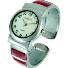 Silver Fuchsia Pink Round White Face Metal Wide Cuff Bracelet Watch
