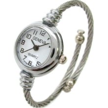 Silver Metal Cable Band Geneva Ladies Petite Bangle Cuff Watch
