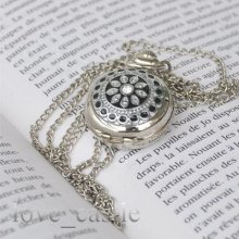 Silver With Black Crystal Quartz Womens Girls Necklace Pocket Watches W79