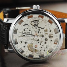 Silvery See Through Skeleton Handwind Mechanical Mens Wrist Watch