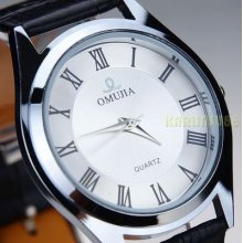 Simple Elegant Grand Roman Silver Black Leather Men Quartz Analog Wrist Watch