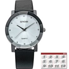 Sinobi Elegant White Dial Crystal Quartz Analog Mens Leather Band Wrist Watch