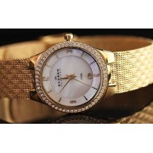 Skagen Denmark Womens Crystal Accented Gold Tone Mesh Stainless Steel Watch