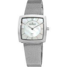 Skagen Ladies Square White Mother Of Pearl Dial Steel Mesh Bracelet Watch 891sss