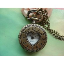 Small Antique Bronze Vintage Filigree Love Hearts Roman Steampunk Round Pocket Watch Locket Pendants Necklaces FREE Ribbon
