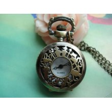 Small Antique Bronze Vintage Filigree Alice In Wonderland - Girl and Rabbit Round Pocket Watch Locket Pendants Necklaces