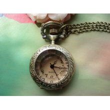 Small Antique Bronze Vintage Filigree Victorian Brown Crystal Face Chamfered Edge Round Pocket Watch Locket Pendants Necklaces Free Ribbon